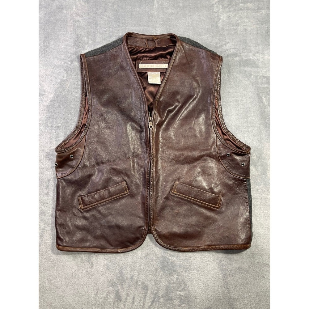 Perry Ellis Men's Brown‎ Leather Vest Size Large Vintage Zip Front Wool Back